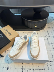 TRIOMPHE PLATFORM SNEAKERS IN WHITE AND BEIGE CALFSKIN EMBOSSED LOGO