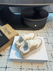 TRIOMPHE PLATFORM SNEAKERS IN WHITE AND BEIGE CALFSKIN EMBOSSED LOGO