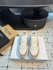TRIOMPHE PLATFORM SNEAKERS IN WHITE AND BEIGE CALFSKIN EMBOSSED LOGO
