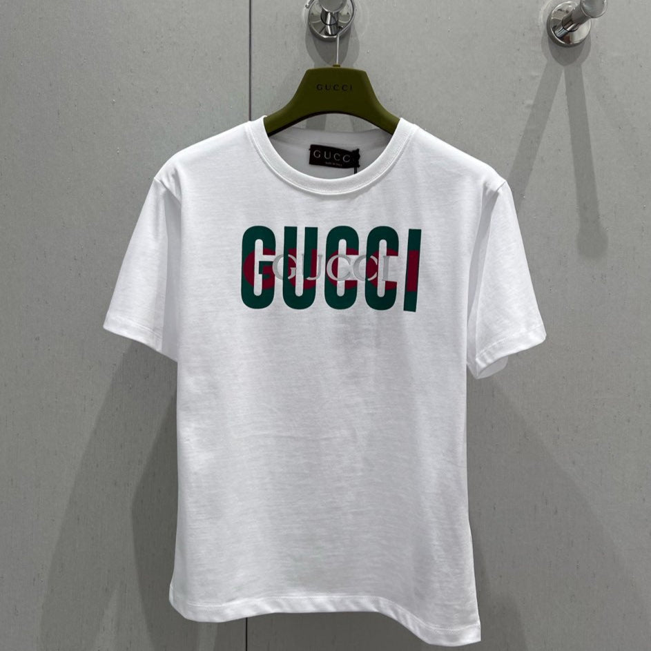 Gucci 2025 Print Short Sleeve T-shirt White Green Red Cotton