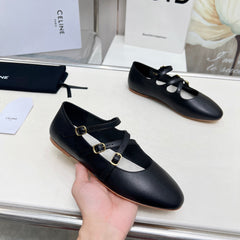 BALLET FLAT WITH CROSSOVER STRAP IN BLACK LAMBSKIN
