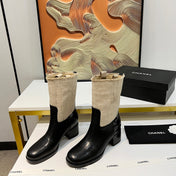 HIGH BOOTS 5.5 CM IN BLACK LAMBSKIN AND BEIGE FABRIC