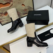 HIGH BOOTS 5.5 CM IN BLACK LAMBSKIN AND BEIGE FABRIC