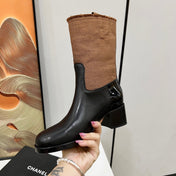 HIGH BOOTS 5.5 CM IN BLACK LAMBSKIN AND CHOCOLATE BROWN FABRIC