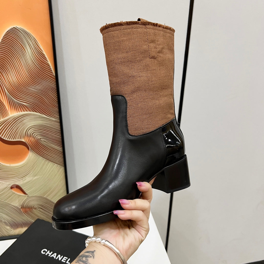 HIGH BOOTS 5.5 CM IN BLACK LAMBSKIN AND CHOCOLATE BROWN FABRIC