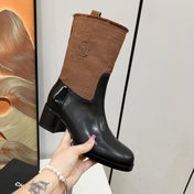 HIGH BOOTS 5.5 CM IN BLACK LAMBSKIN AND CHOCOLATE BROWN FABRIC