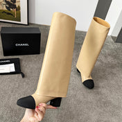 CHANEL 25S HIGH BOOTS 55MM IN CARAMEL BEIGE CALFSKIN AND BLACK CANVAS GOLD HARDWRE