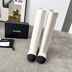 CHANEL 25S HIGH BOOTS 55MM IN IVORY BLACK CALFSKIN AND CANVAS GOLD HARDWRE