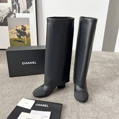 CHANEL 25S HIGH BOOTS 55MM IN BLACK CALFSKIN AND CANVAS GOLD HARDWRE