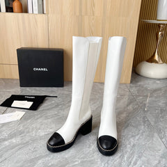 CHANEL 25S HIGH BOOTS STRETCHY SHAFT 85MM IN WHITE MIX BLACK CALFSKIN GOLD HARDWRE