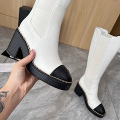 CHANEL 25S HIGH BOOTS STRETCHY SHAFT 85MM IN WHITE MIX BLACK CALFSKIN GOLD HARDWRE