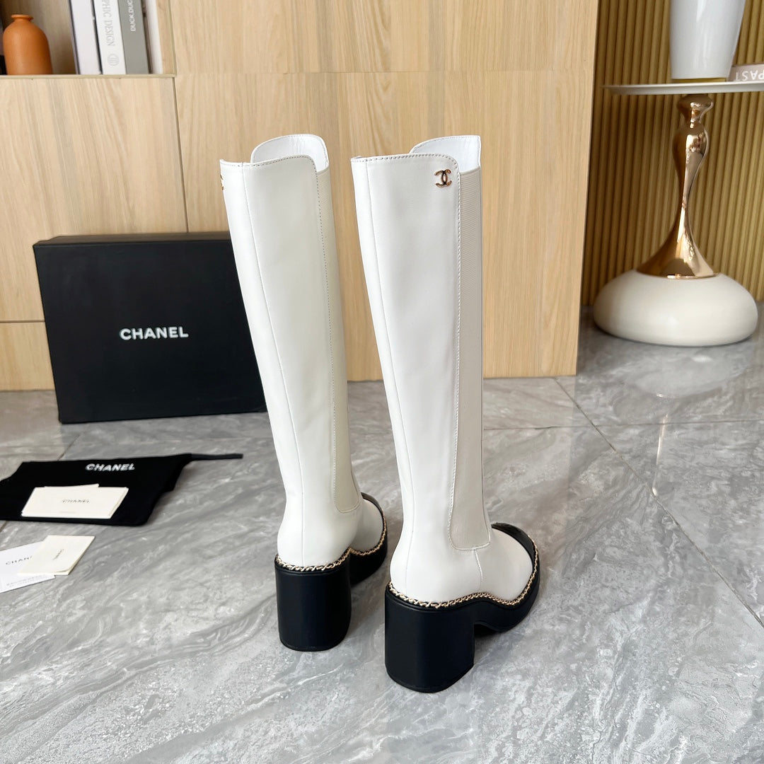 CHANEL 25S HIGH BOOTS STRETCHY SHAFT 85MM IN WHITE MIX BLACK CALFSKIN GOLD HARDWRE