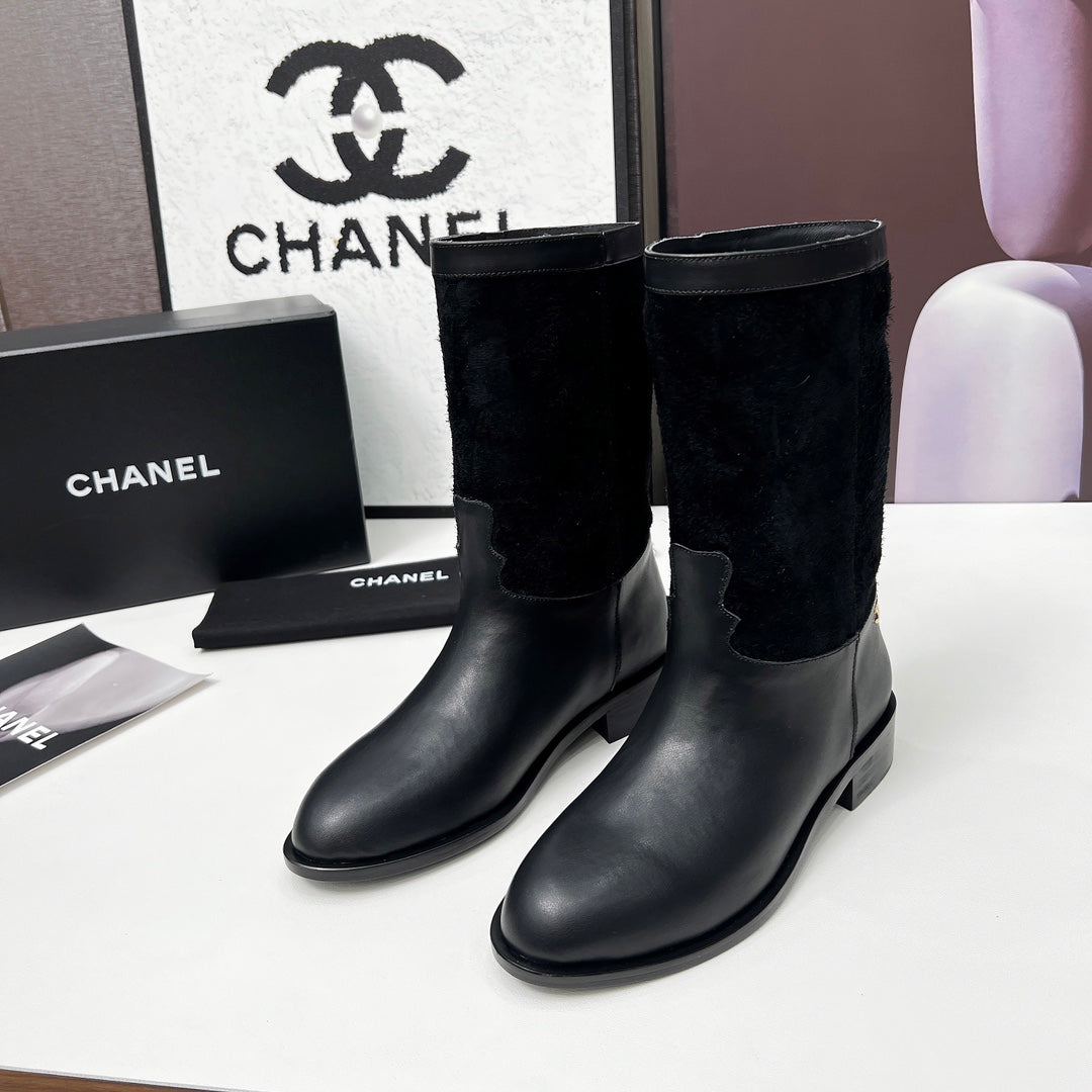 CHANEL 25S MID-CALF BOOTS 35MM IN BLACK CALFSKIN AND SUEDE GOLD HARDWRE