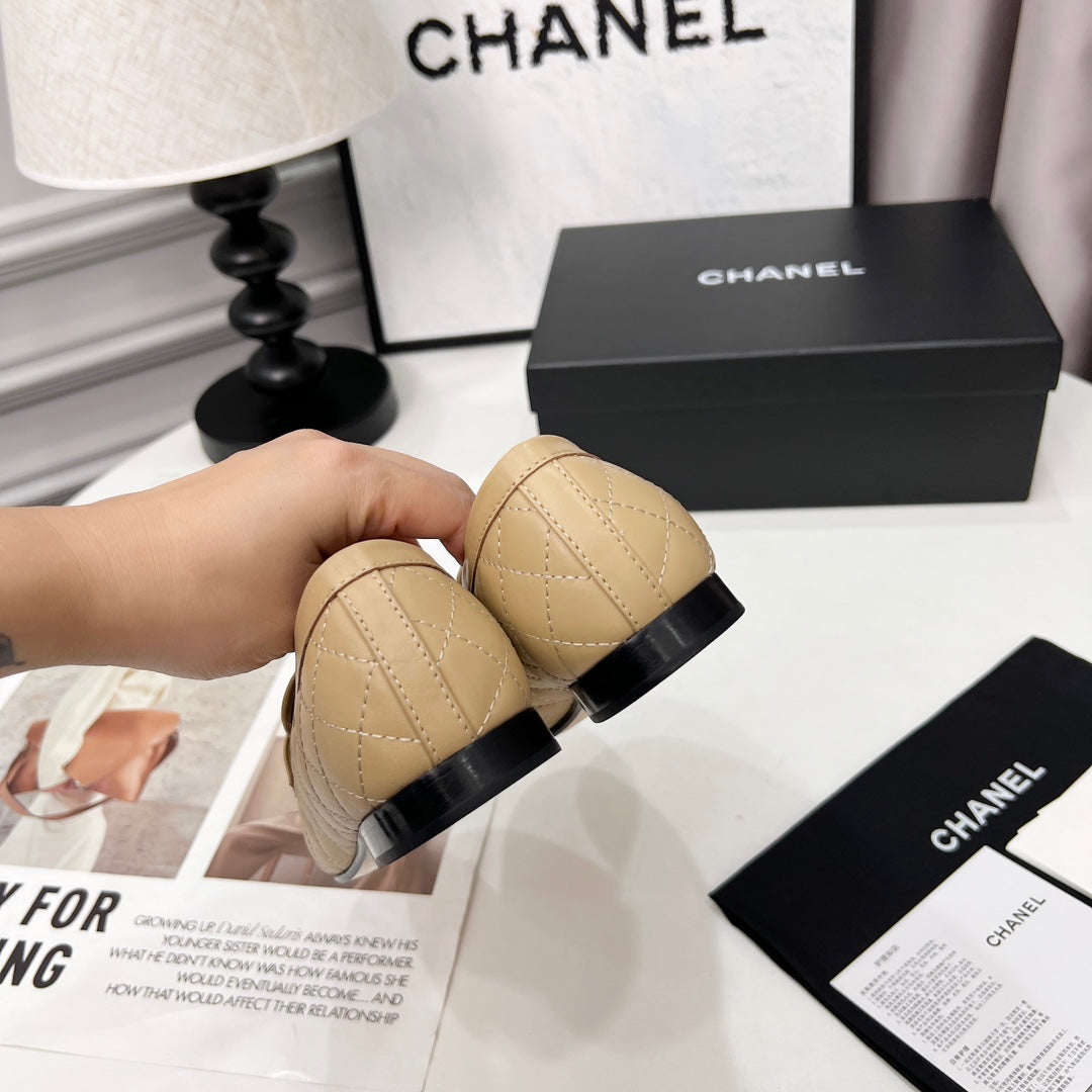 CHANEL 25S LOAFER DANCE SHOES IN BEIGE CALFSKIN GOLD HARDWRE