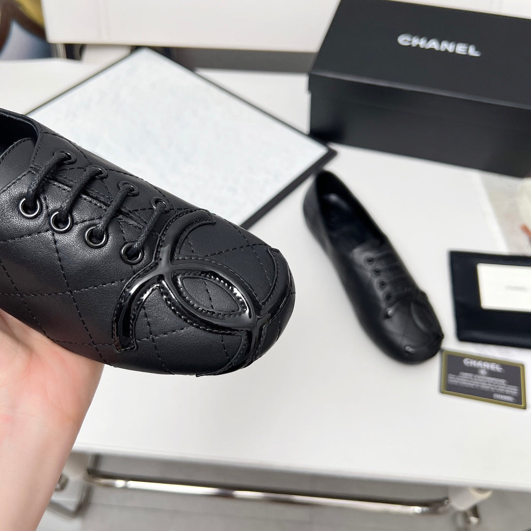 CHANEL 25S DANCE SHOES WITH PRINTED LOGO IN BLACK FULL CALFSKIN