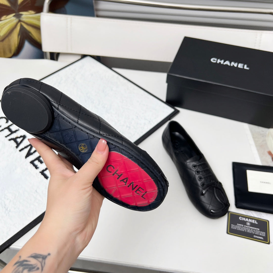 CHANEL 25S DANCE SHOES WITH PRINTED LOGO IN BLACK FULL CALFSKIN