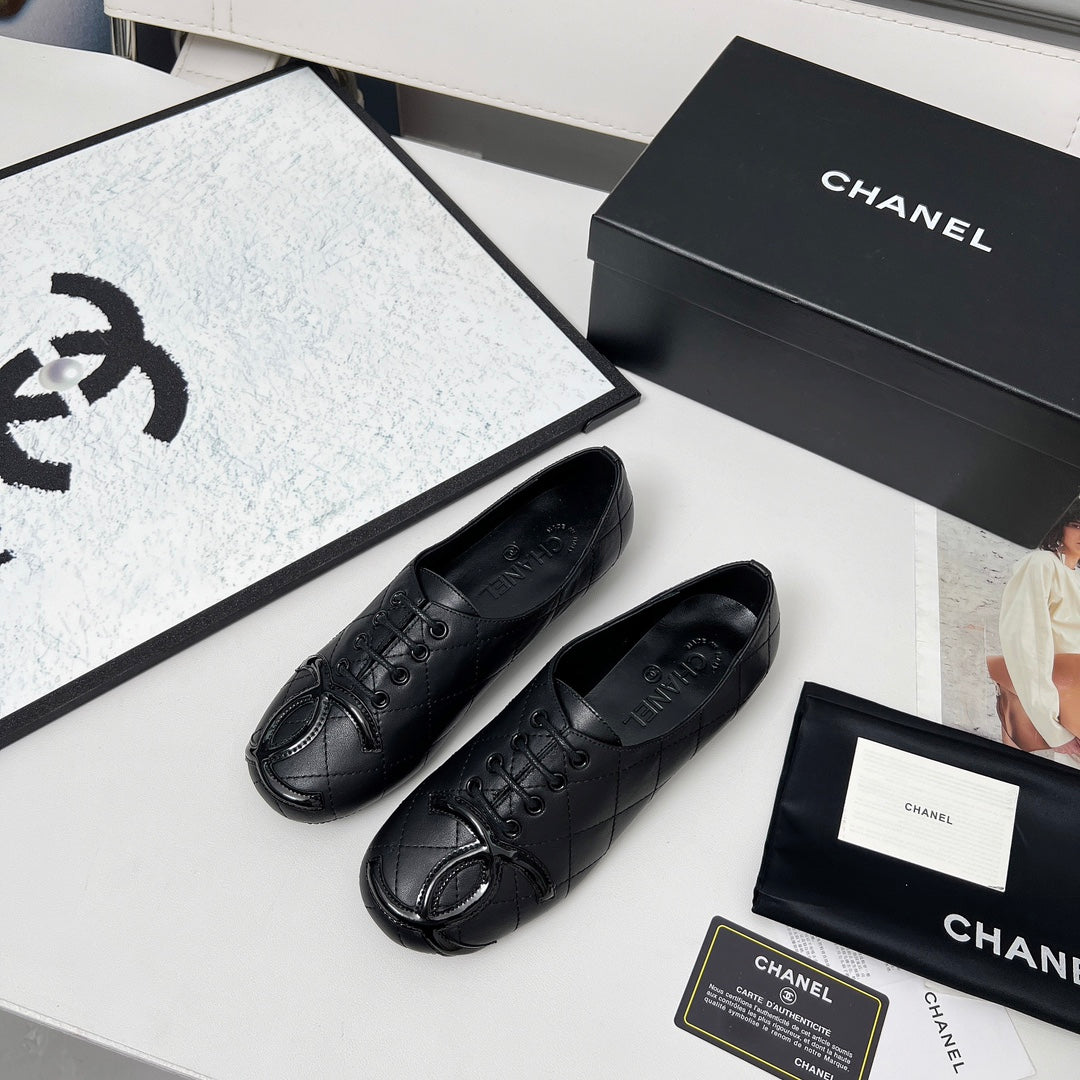 CHANEL 25S DANCE SHOES WITH PRINTED LOGO IN BLACK FULL CALFSKIN