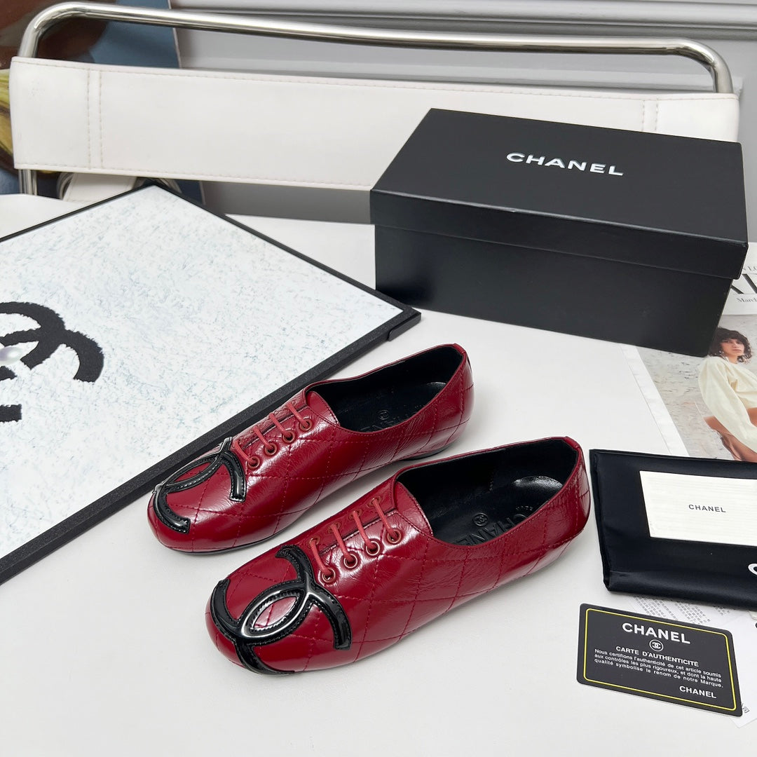 CHANEL 25S DANCE SHOES WITH PRINTED LOGO IN BURGUNDY CALFSKIN