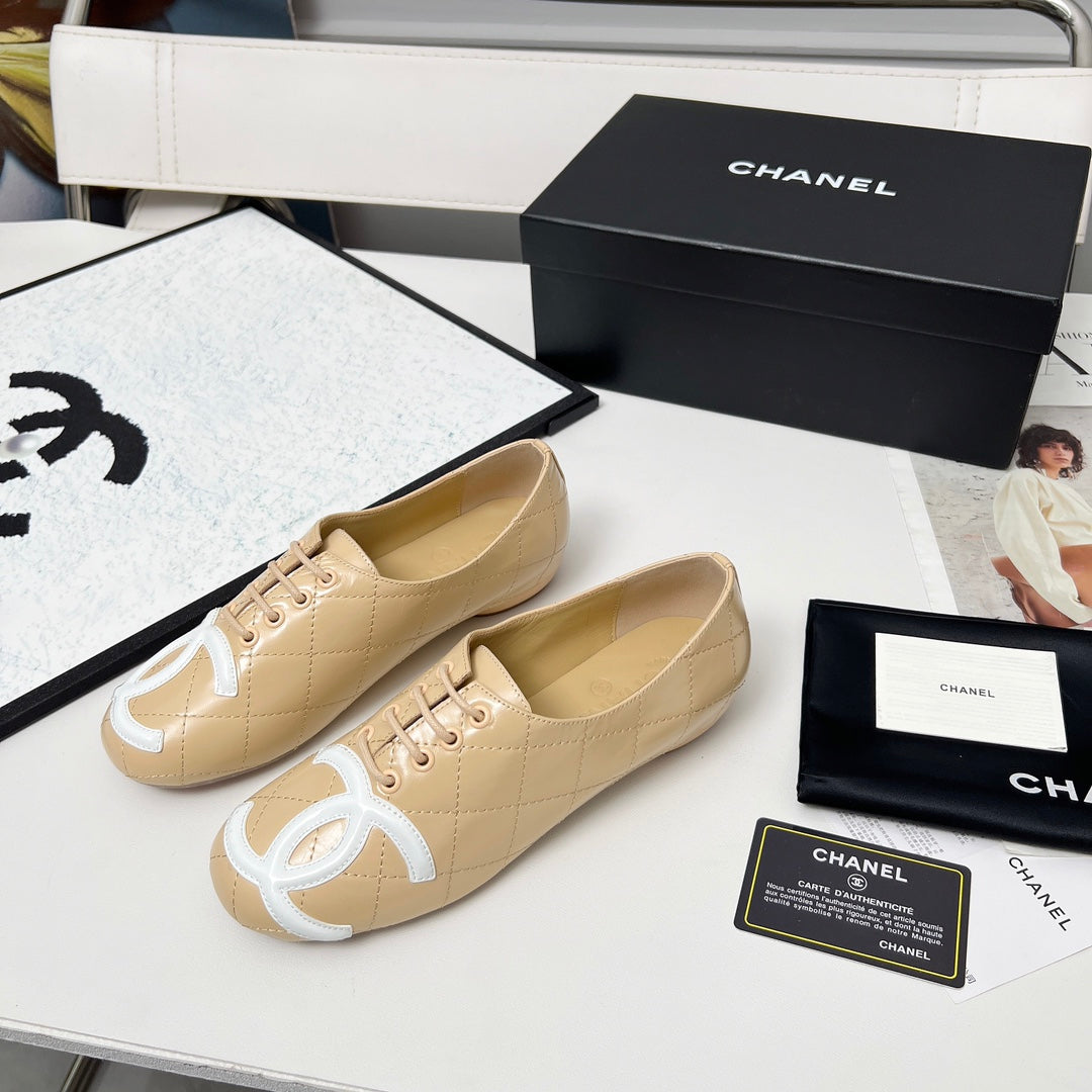CHANEL 25S DANCE SHOES WITH PRINTED LOGO IN BEIGE CALFSKIN