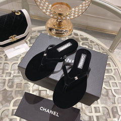 Double CC Velvet Flip Flop Thongs Black