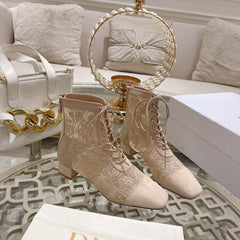 NAUGHTILY-D ANKLE BOOT NUDE BEIGE TRANSPARENT MESH AND SUEDE EMBROIDERED WITH ROSES MOTIF 35 MM