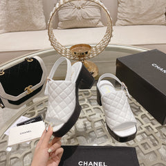 Double C  Chunky Heel Peep-Toe Open Sandals White Lambskin