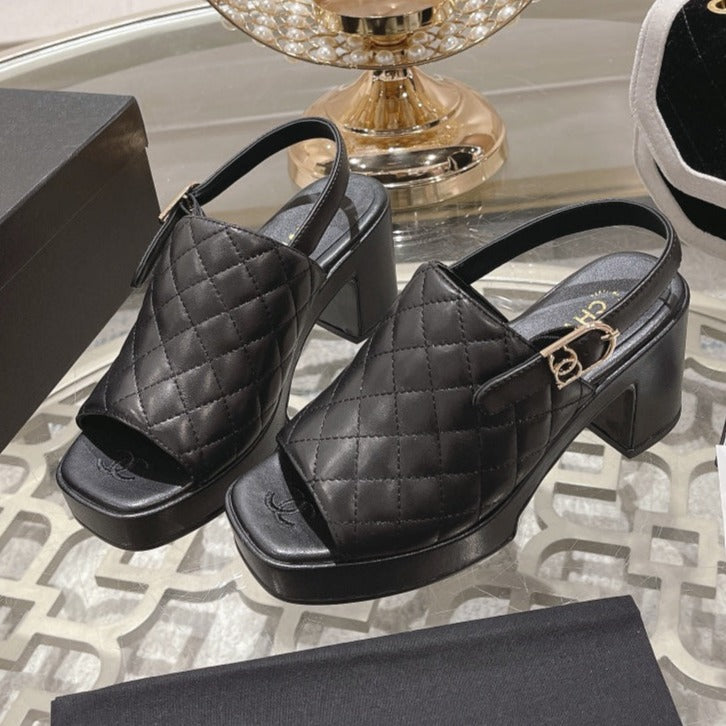 Double C  Chunky Heel Peep-Toe Open Sandals Black Lambskin