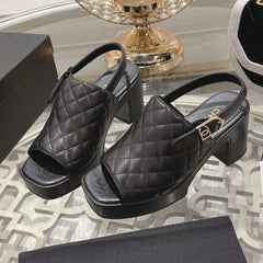 Double C  Chunky Heel Peep-Toe Open Sandals Black Lambskin