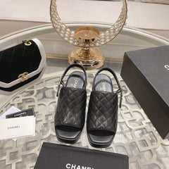Double C  Chunky Heel Peep-Toe Open Sandals Black Lambskin