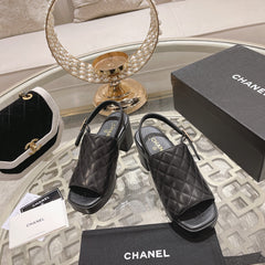 Double C  Chunky Heel Peep-Toe Open Sandals Black Lambskin