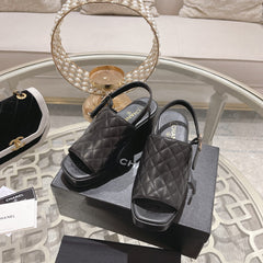 Double C  Chunky Heel Peep-Toe Open Sandals Black Lambskin