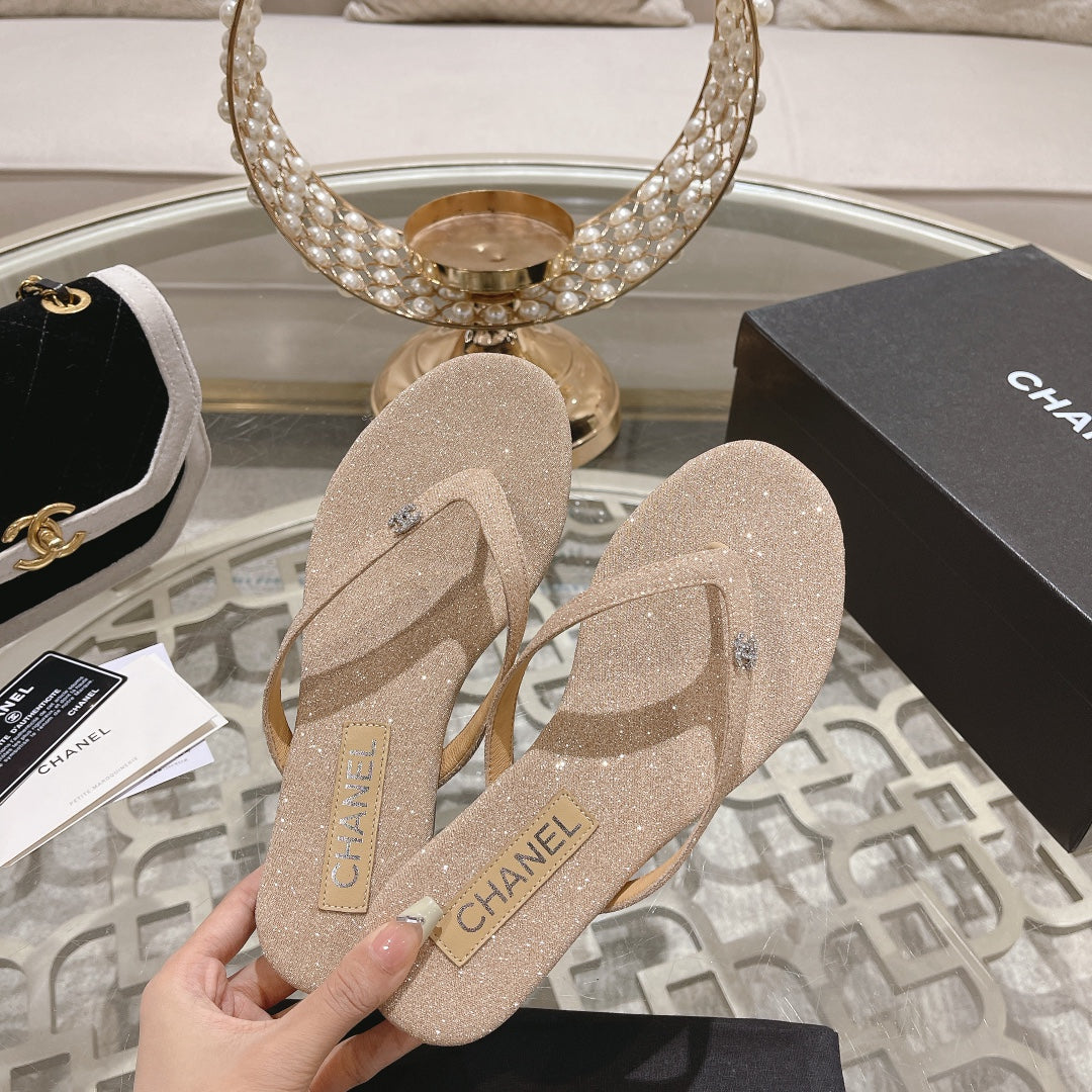 Double CC Rhinestone Flip  Flop Thongs Beige Cream Sheepskin