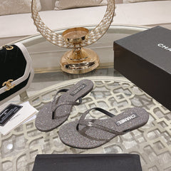 Double CC Rhinestone Flip  Flop Thongs Dark Gray Sheepskin