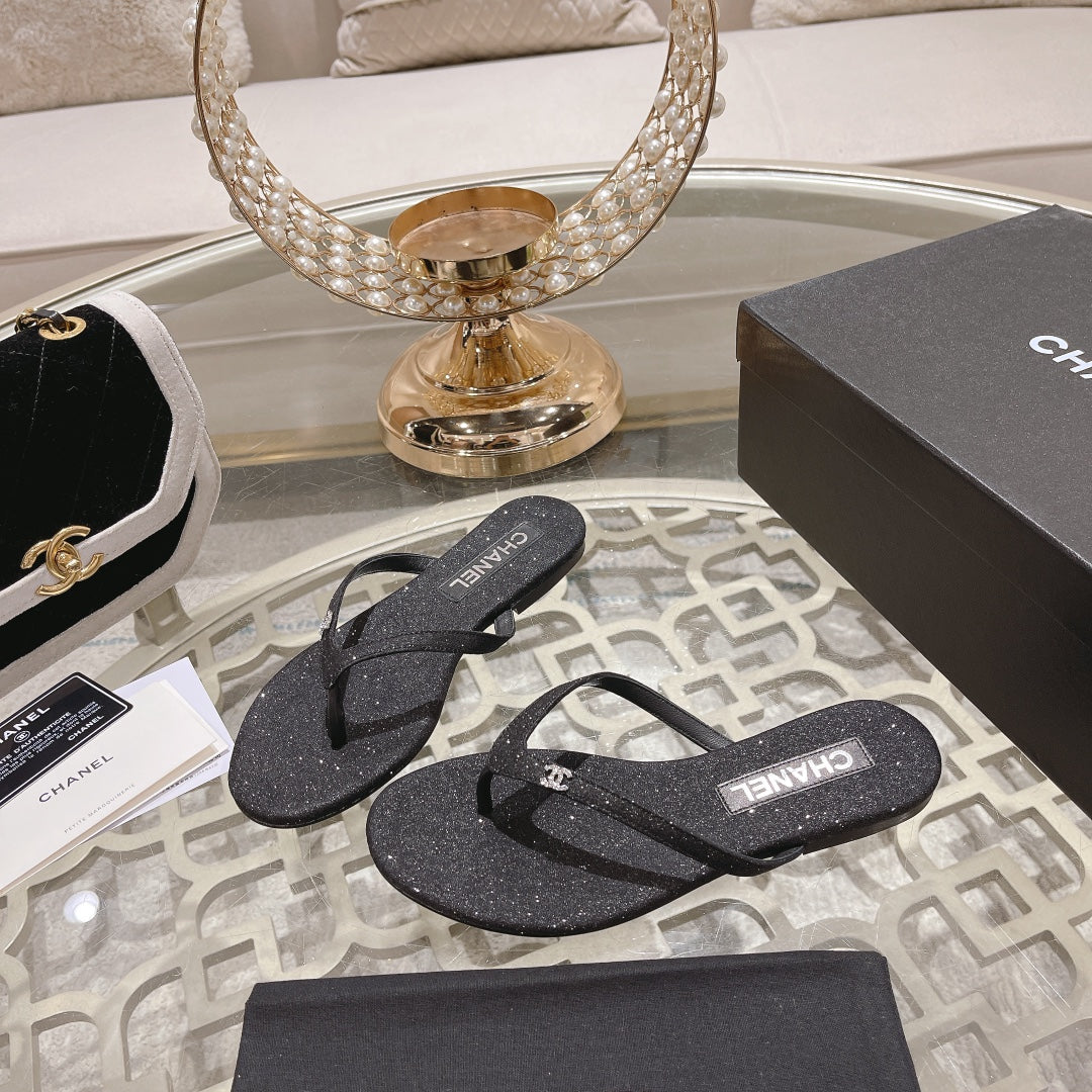 Double CC Rhinestone Flip  Flop Thongs Black Sheepskin