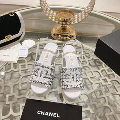 WEDGE SANDALS IN BLACK MIX WHITE FABRIC WITH LOGO