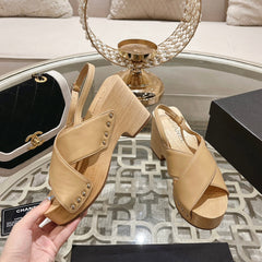 Double CC  Wood Grain Platform Sandals Beige Cream Sheepskin