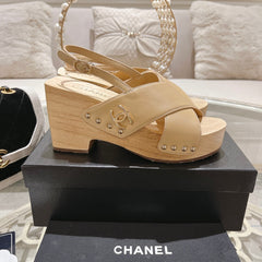 Double CC  Wood Grain Platform Sandals Beige Cream Sheepskin