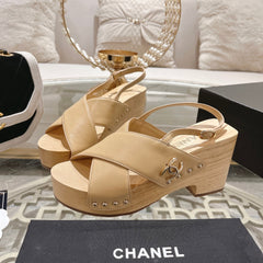 Double CC  Wood Grain Platform Sandals Beige Cream Sheepskin