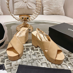 Double CC  Wood Grain Platform Sandals Beige Cream Sheepskin