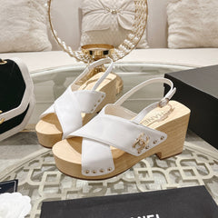 Double CC  Wood Grain Platform Sandals White Sheepskin