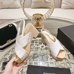 Double CC  Wood Grain Platform Sandals White Sheepskin