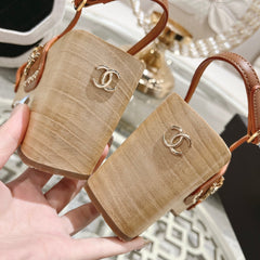 Double CC  Wood Grain Platform Sandals Dark Brown Sheepskin