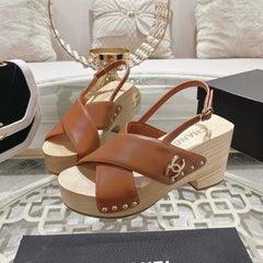 Double CC  Wood Grain Platform Sandals Dark Brown Sheepskin