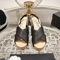 Double CC  Wood Grain Platform Sandals Black Sheepskeen