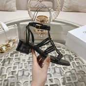 HIGH 45MM BLOCK HEEL SANDAL IN BLACK LAMBSKIN