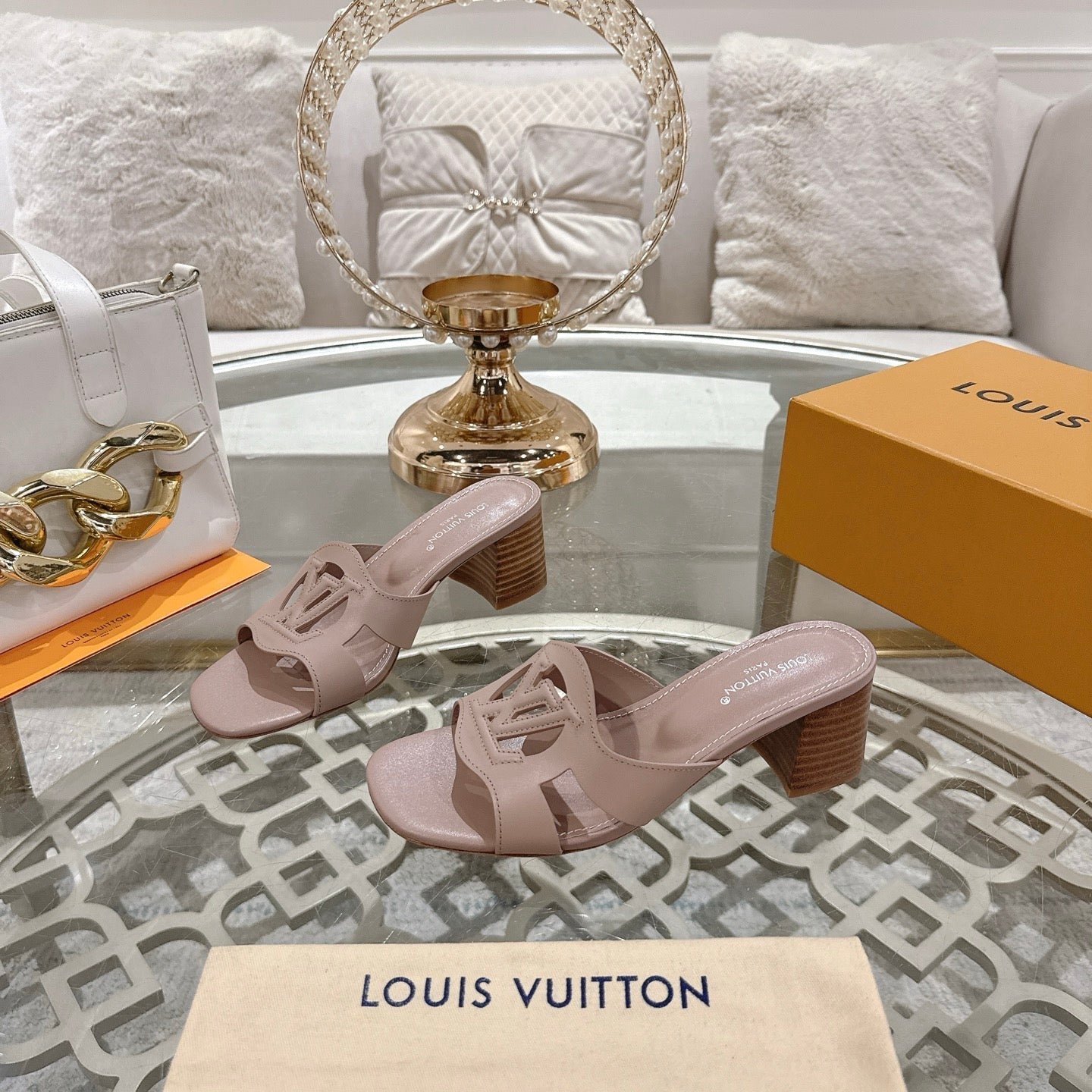 ISOLA HIGH 55 MM MULE IN DUSTY PINK CALFSKIN