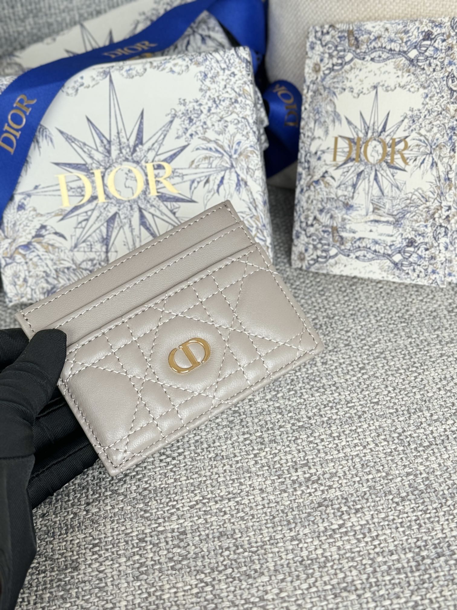 CARO FREESIA CARD HOLDER 10 IN LIGHT GREY CANNAGE CALFSKIN