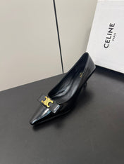 TRIOMPHE POINTED-TOE HIGH PUMPS IN BLACK SHINY CALFSKIN