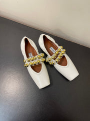 ALAIA BALLET FLATS IN WHITE GLOSSY CALFSKIN WITH GOLD HARDWARE