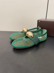 ALAIA BALLET FLATS IN COOL GREEN MESH FISHNET WITH GOLD HARDWARE